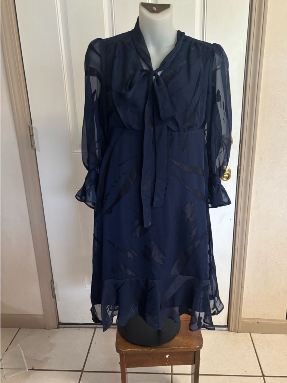 NWT Size 4 DKNY Navy Tie-Neck Burnout long sleeve Chiffon Dress.  Retail 129.00.